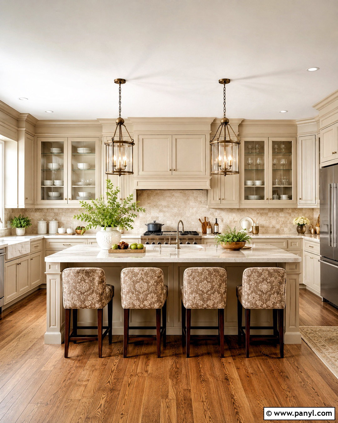 Traditional Beige Kitchen With Glass Cabinets - 20 beige colour kitchen ideas