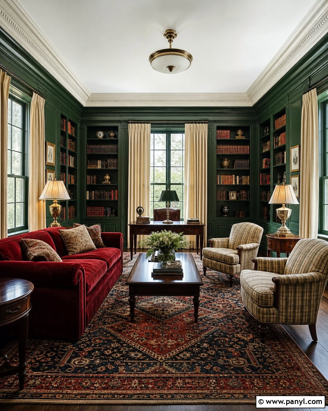 Traditional Dark Green Library With Red Accents - 20 Cozy Library With Dark Green Walls