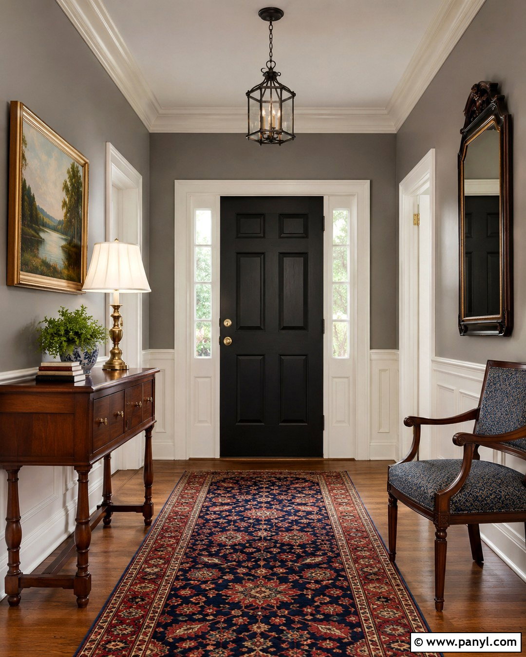 Traditional Gray Foyer With Black Door - 20 Black Door Grey Walls