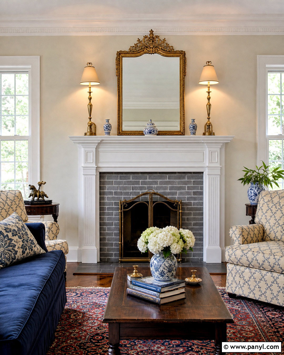 Traditional Grey Brick Fireplace With Brass Accents - 20 grey brick fireplace ideas