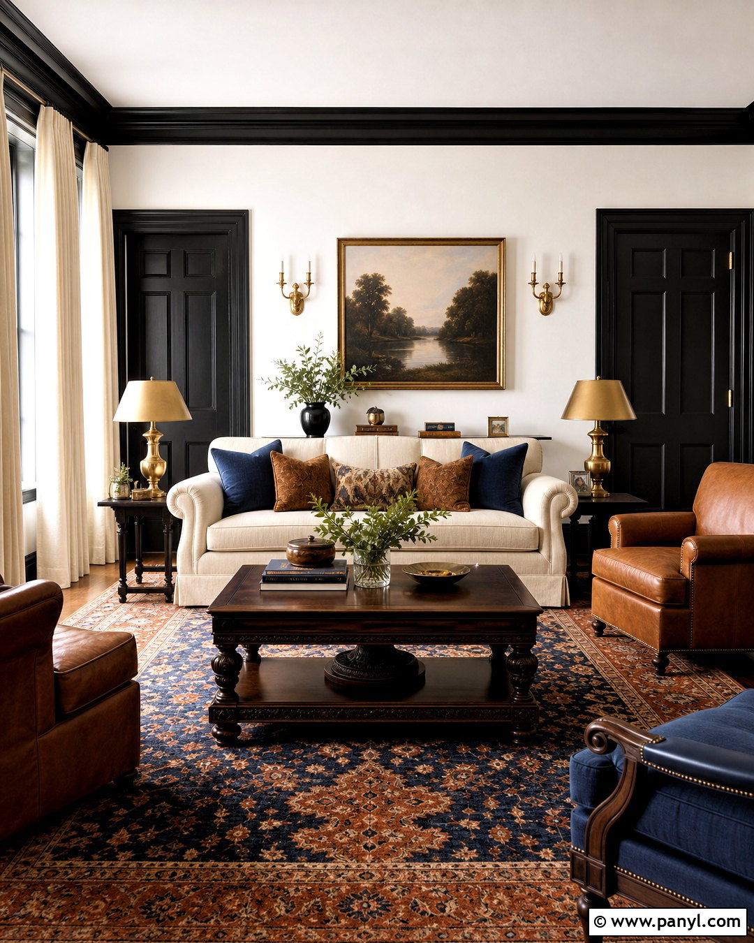 Traditional Living Room With Black Crown Molding - 20 white walls black trim living room ideas