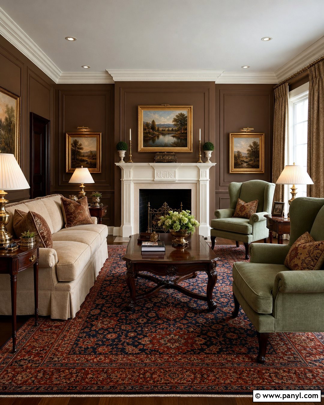 Traditional Living Room With Dark Brown Walls - 35 Dark Brown Walls Living Room Ideas