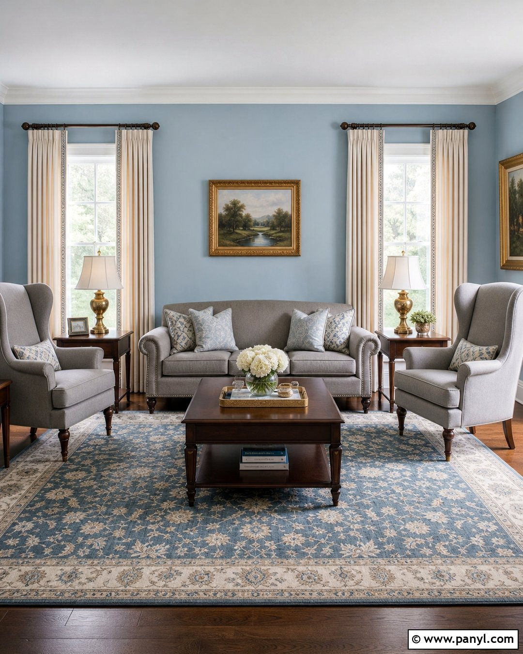 Traditional Living Room With Light Blue Walls And Grey Furniture - 20 Light Blue Walls With Grey Furniture Ideas