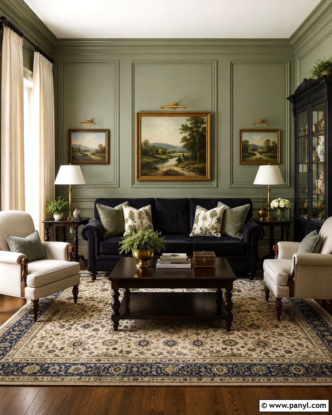 Traditional Living Room With Sage Green Walls And Black Furniture - 20 Sage Green Walls With Black Furniture Ideas