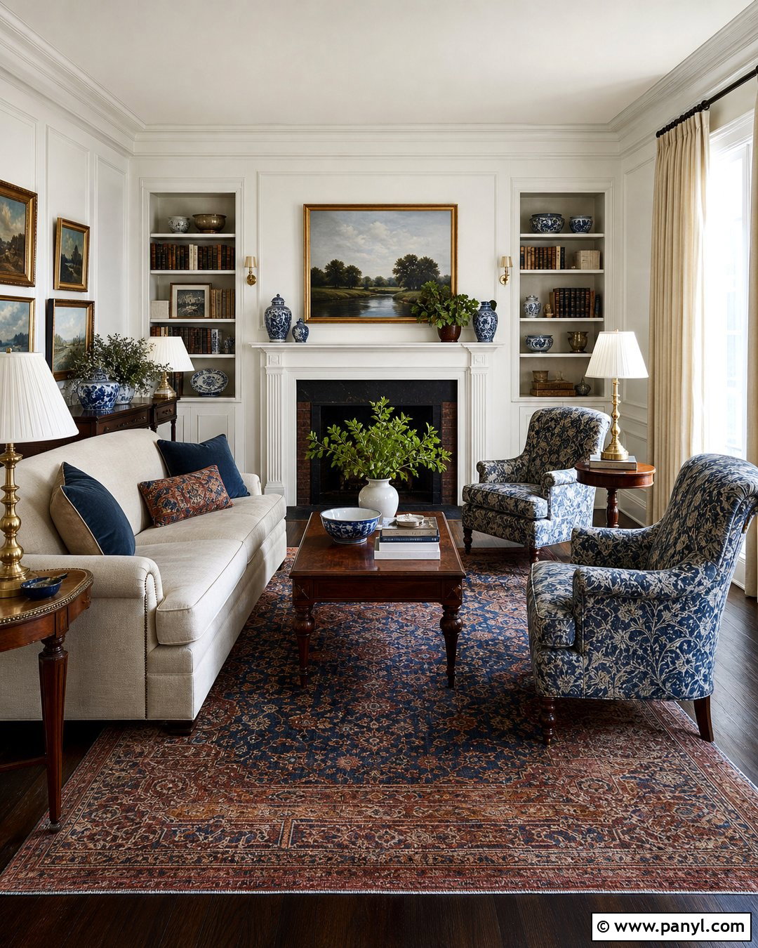Traditional Living Room With White Walls And Dark Wood Floors - 20 White Walls Dark Wood Floors