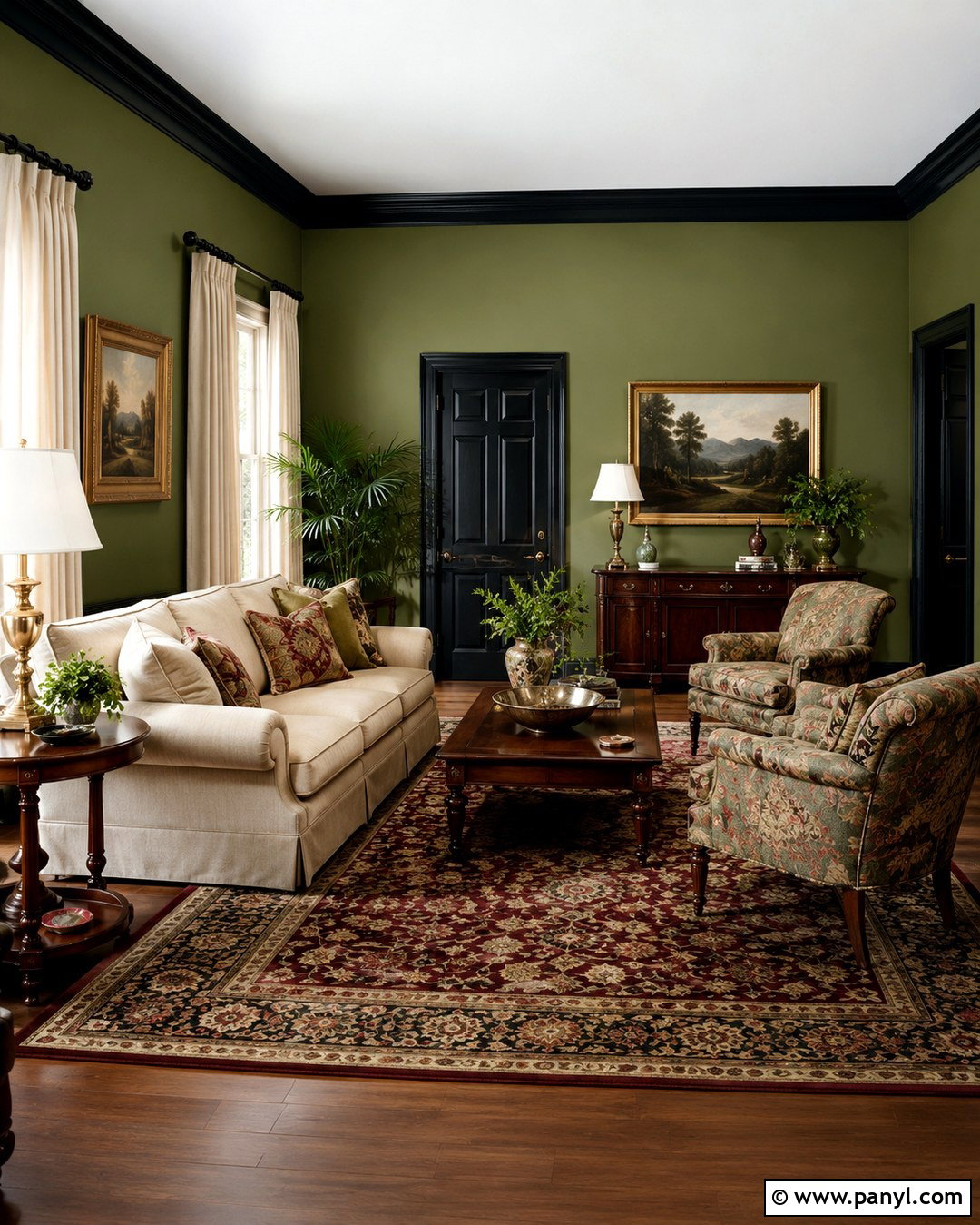 Traditional Olive Green Room With Black Trim - 20 Olive Green Walls With Black Trim Ideas