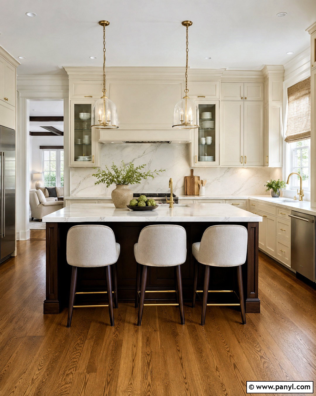 Transitional Cream Kitchen With an Espresso Island - 20 cream and brown kitchen ideas