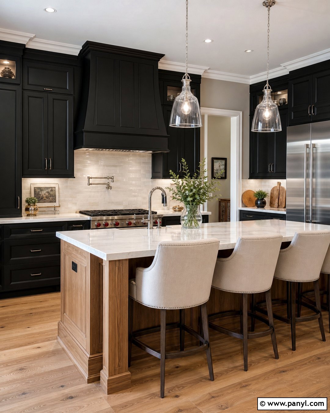 Transitional Kitchen With Grey Walls And Black Cabinets - 25 Grey Walls Black Cabinets