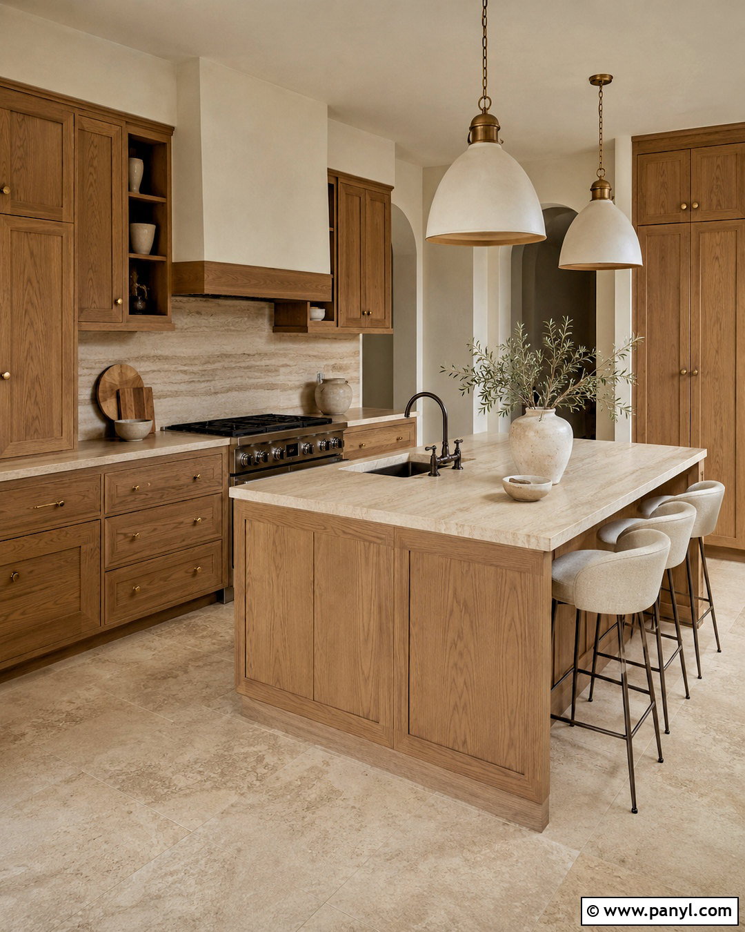 Travertine-Look Porcelain Countertops With Honey Oak Cabinets - 20 countertops with honey oak cabinets