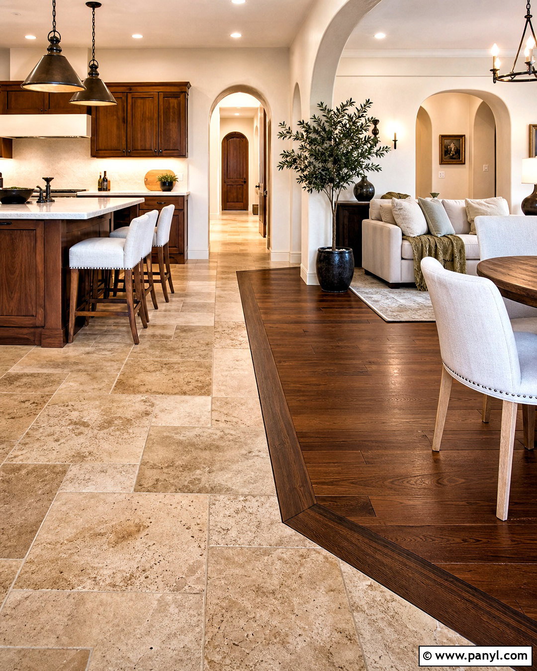 Travertine Tile And Walnut Hardwood - 20 tile and hardwood floor combination ideas