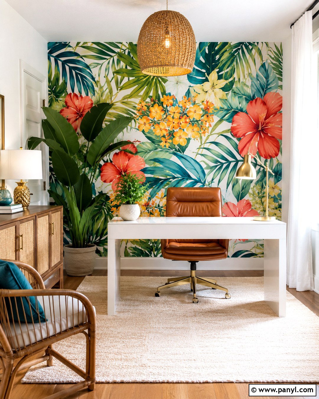 Tropical Floral Accent Wall - 20 Floral Accent Wall Office Ideas
