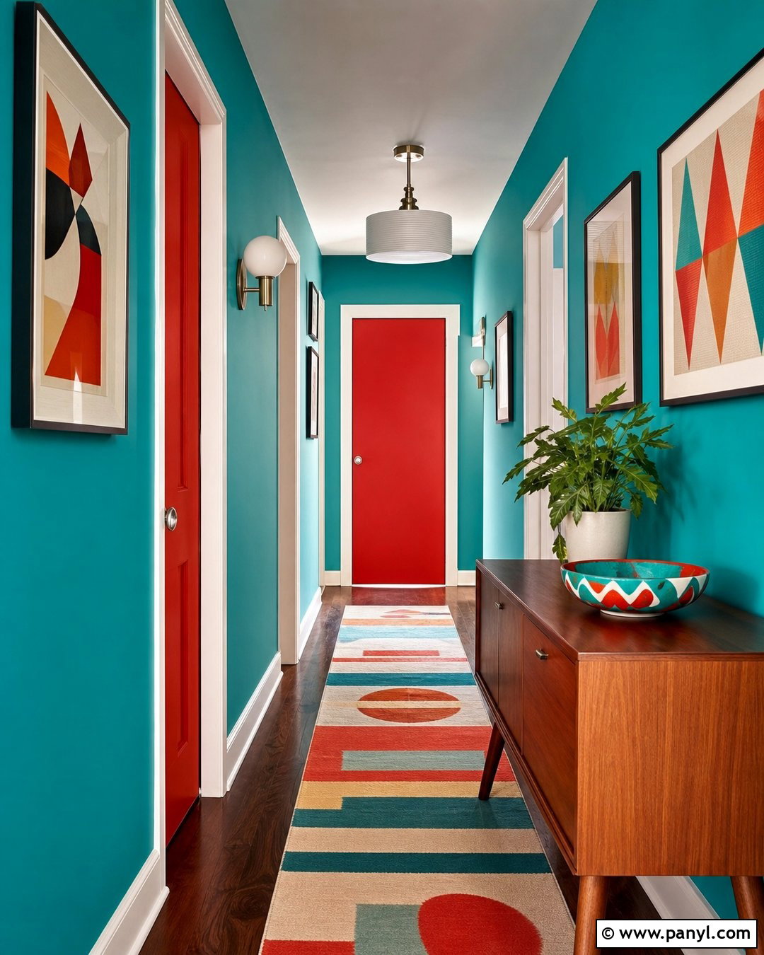 Turquoise And Red Hallway Wall Paint - 30 retro wall paint ideas