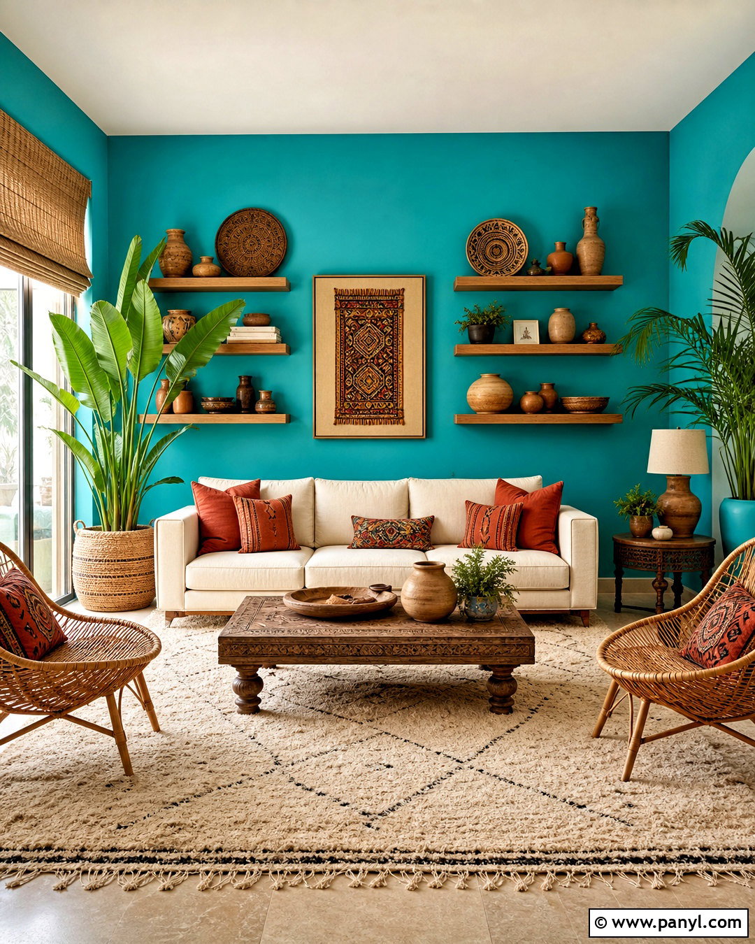 Turquoise Blue Living Room Walls With Boho Decor - 20 blue living room walls