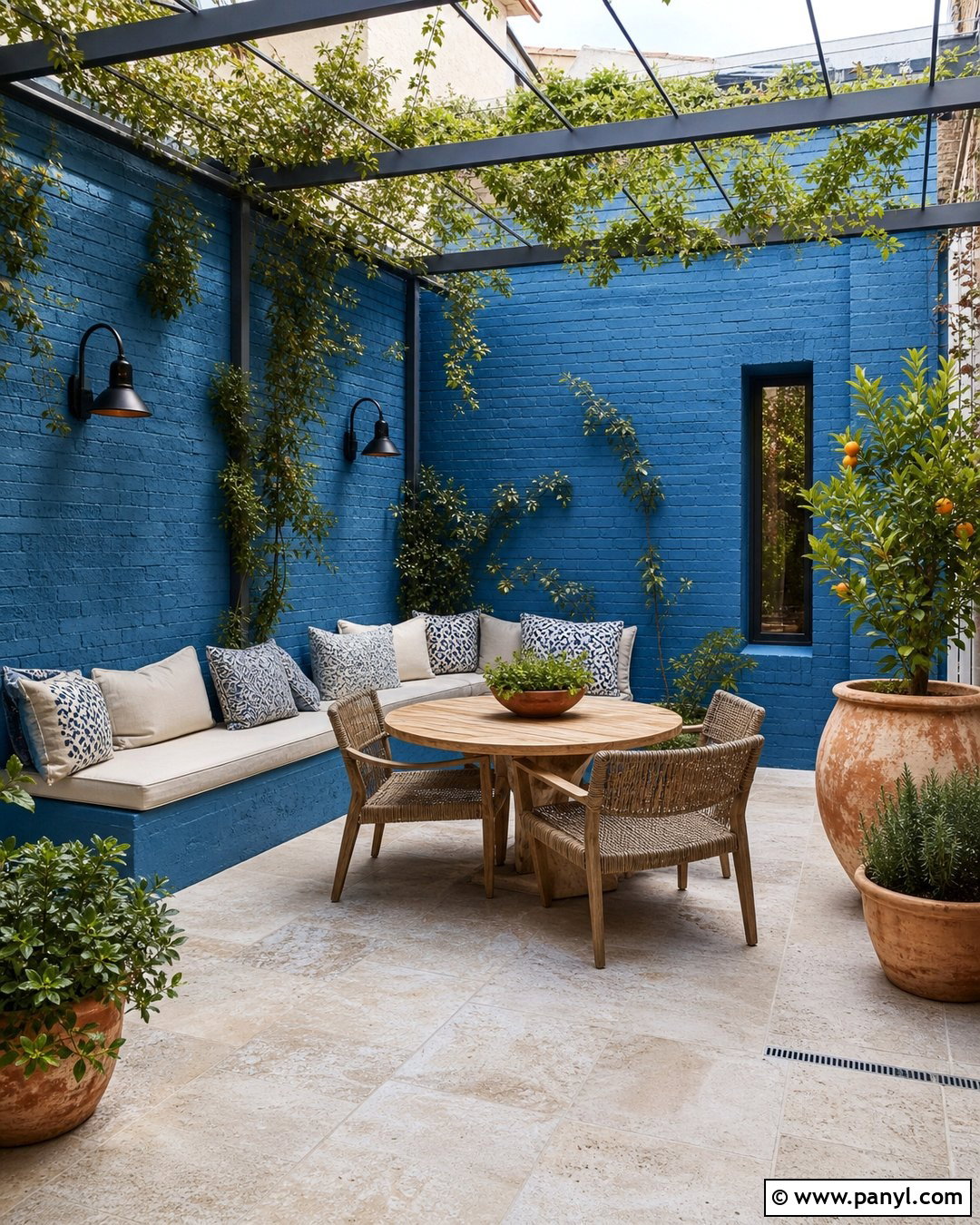 Turquoise Blue Painted Brick Courtyard - 20 Blue Painted Brick Wall Ideas