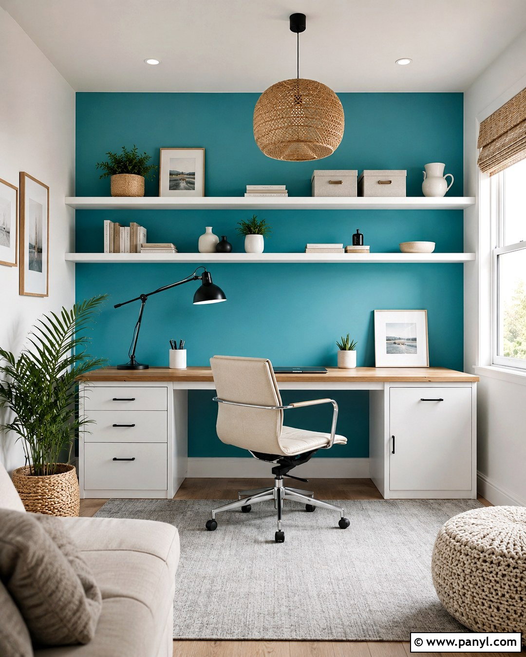 Turquoise Home Office Wall With White Shelves - 20 Turquoise And White Wall Paint Ideas