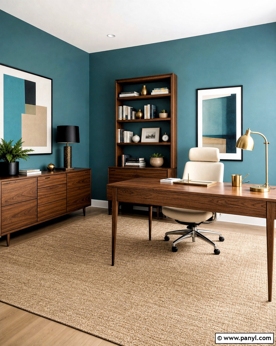 Turquoise Home Office Walls With Walnut Furniture - 20 turquoise walls