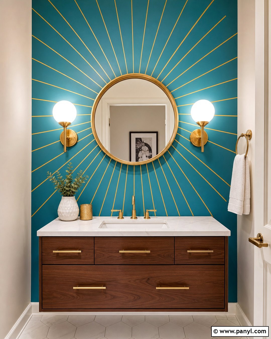 Turquoise Powder Room Wall With Gold Sunburst Lines - 20 Blue Wall With Gold Lines