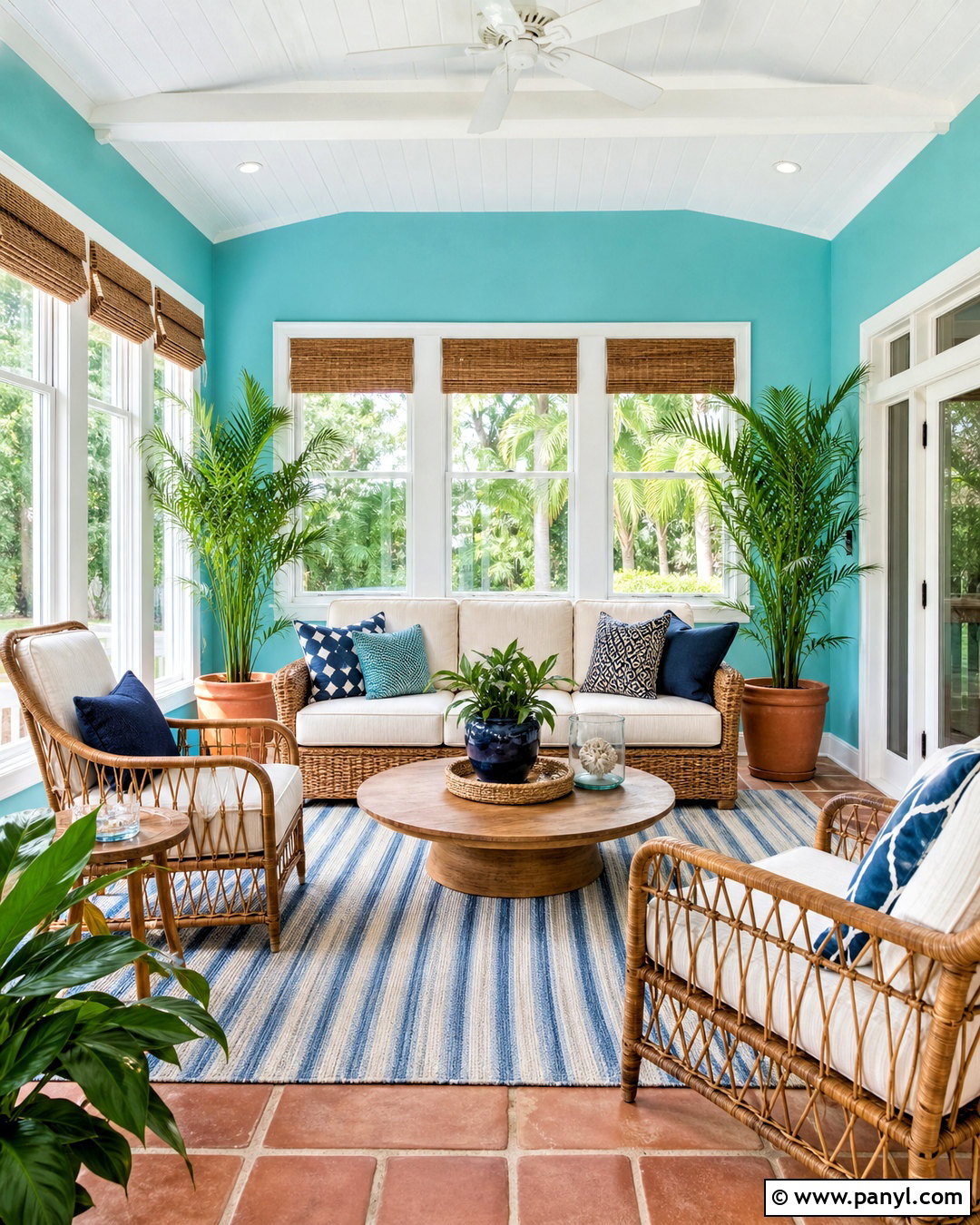 Turquoise Sunroom Walls With Rattan Furniture - 20 turquoise walls