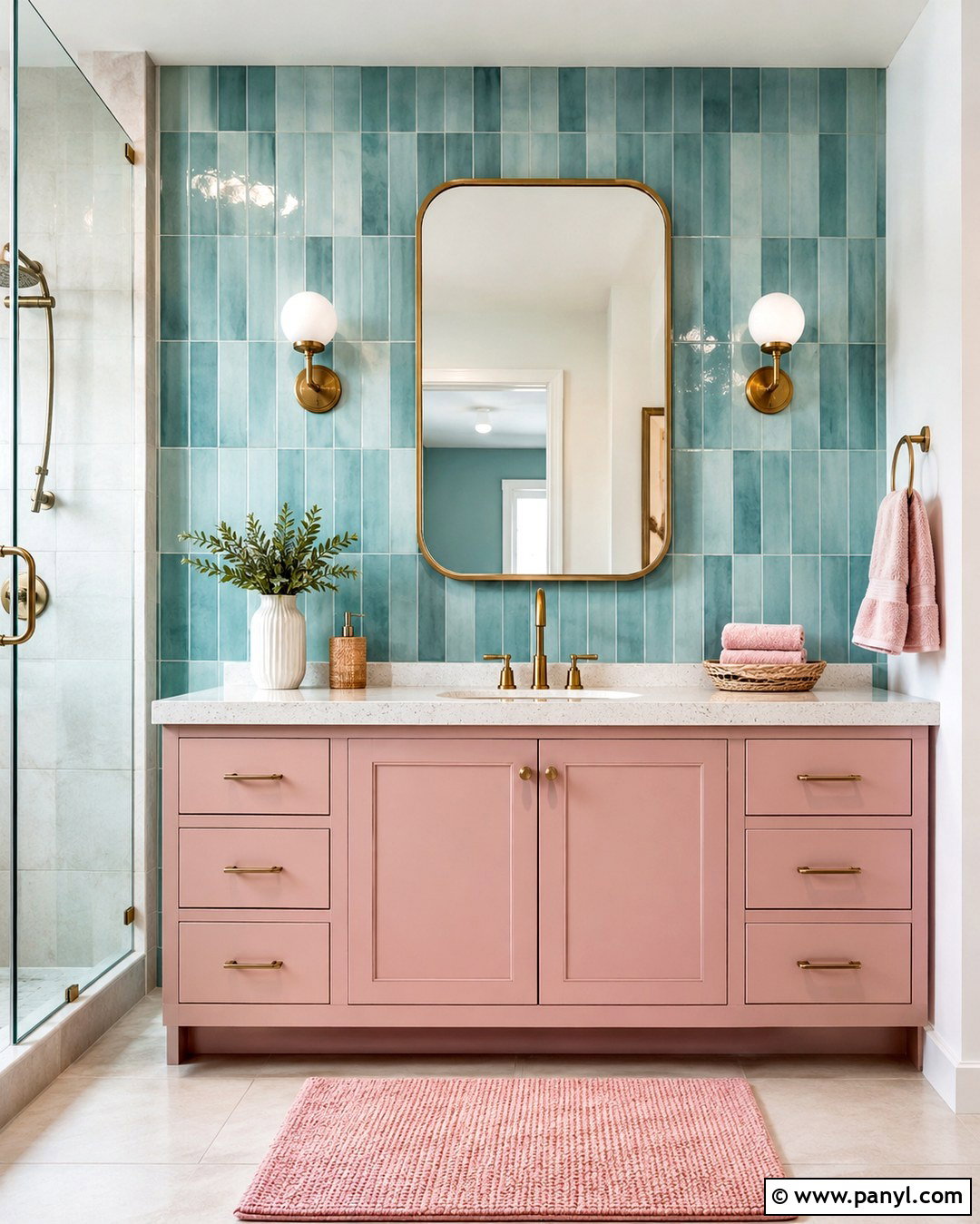 Turquoise Tile Wall With Pink Vanity - 20 Turquoise And Pink Wall Ideas