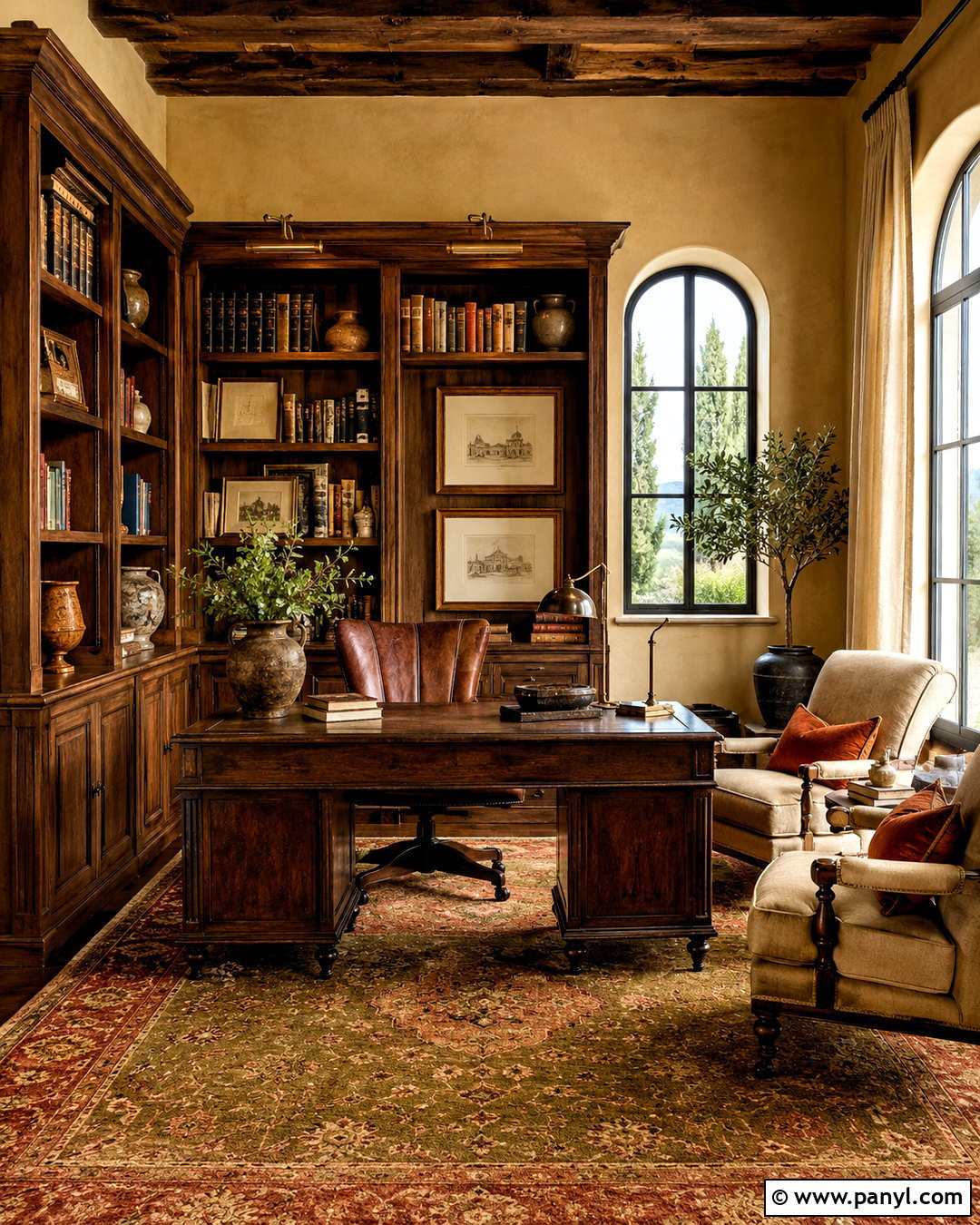 Tuscan Home Office With Built-In Bookshelves - 20 italian interior design tuscan decor ideas