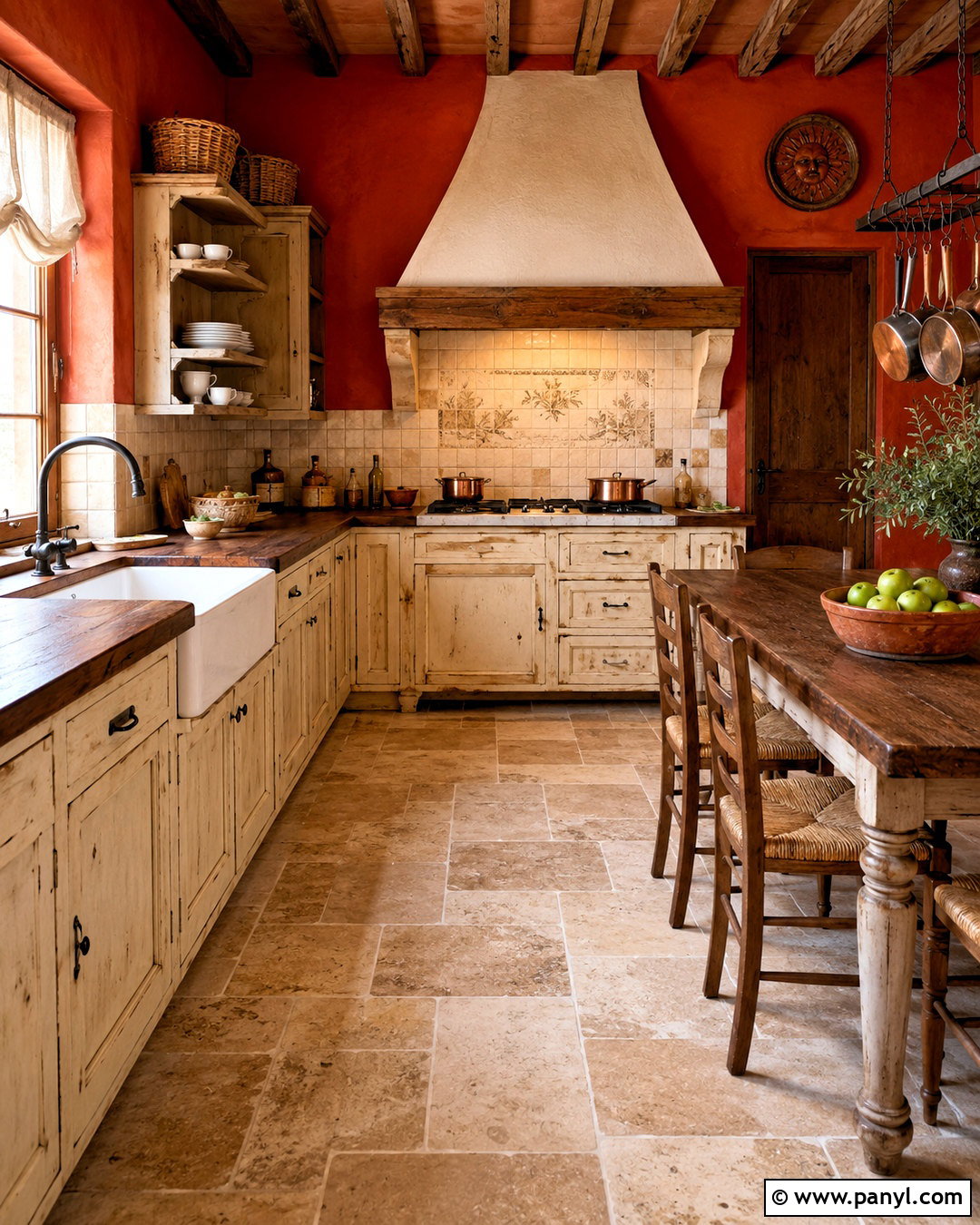 Tuscan Vintage Kitchen With Terracotta Red Walls - 20 Vintage Kitchen With Red Walls