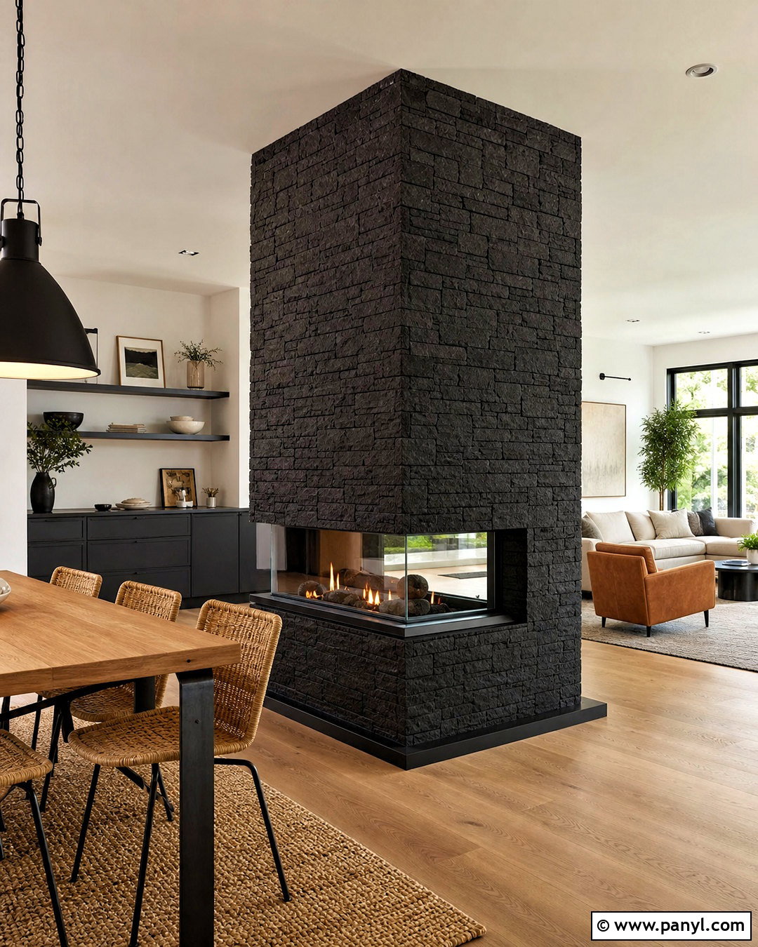 Two-Sided Black Stone Fireplace - 20 black stone fireplace ideas