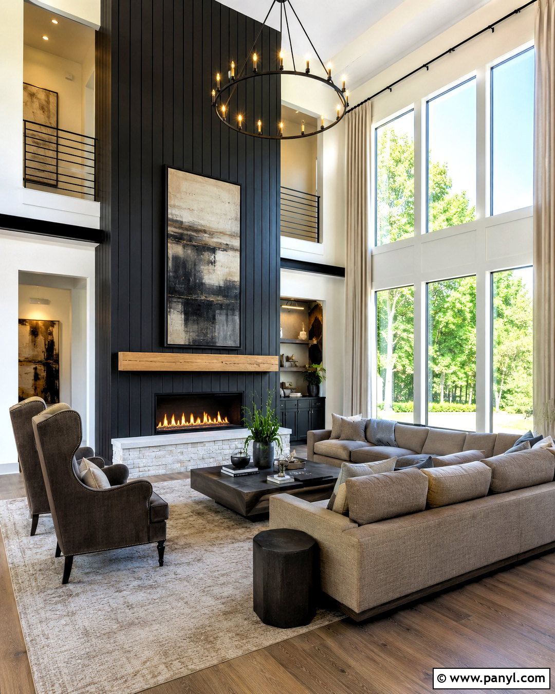 Two-Story Black Shiplap Wall - 20 black shiplap wall living room ideas