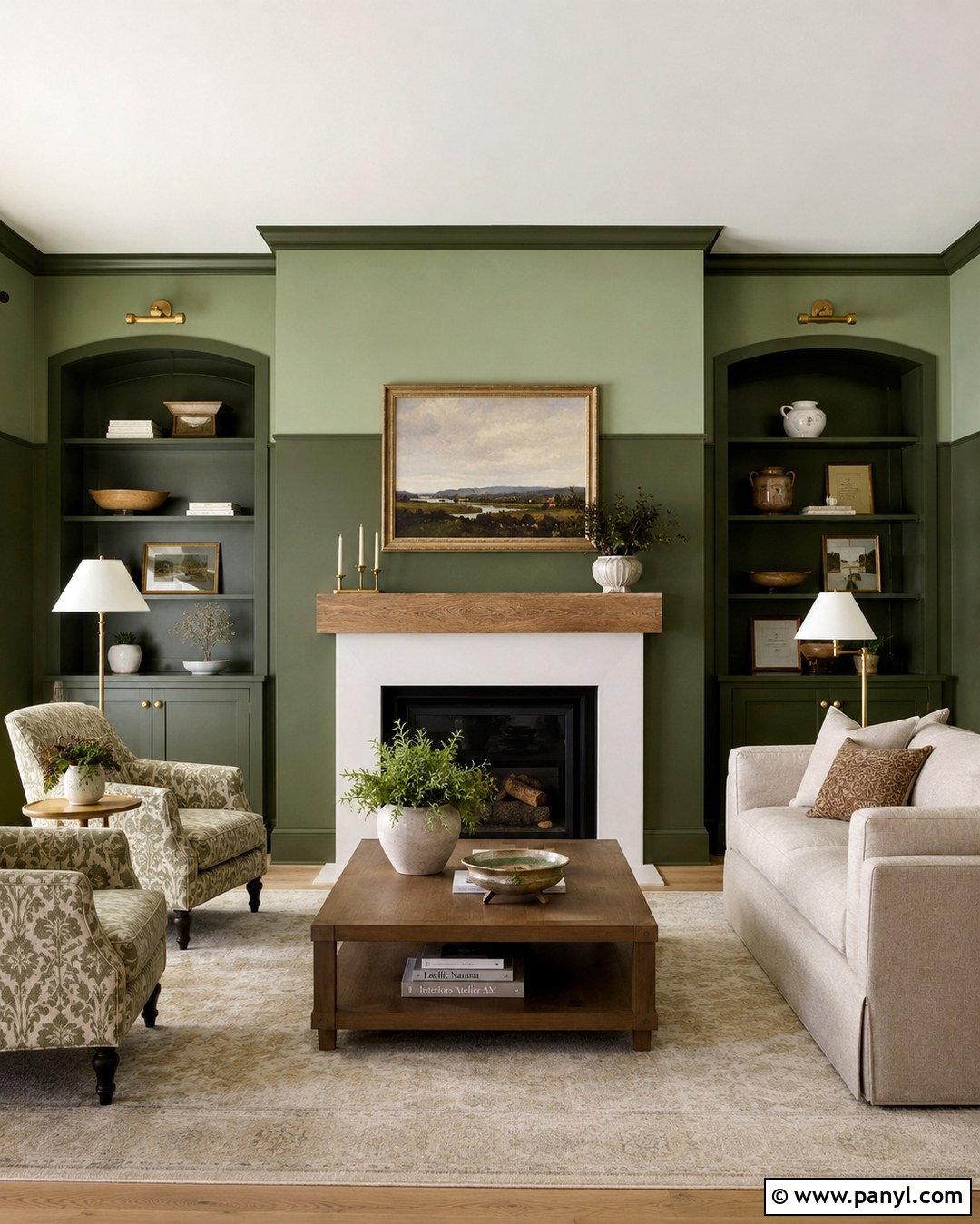 Two-Tone Green Fireplace Wall - 20 Green Wall Behind Fireplace Ideas