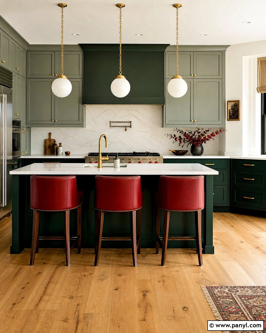 Two-Tone Green Kitchen With Crimson Stools - 20 green and red kitchen ideas