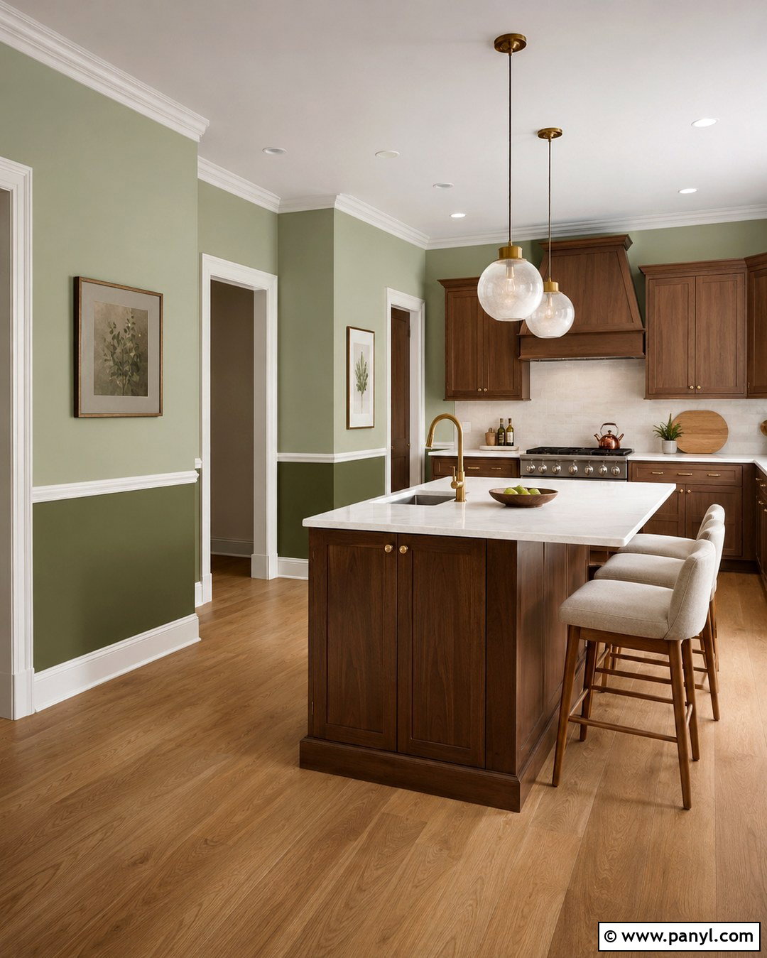 Two Tone Green Walls With Brown Cabinets - 20 Green Wall Brown Cabinet Kitchen Ideas