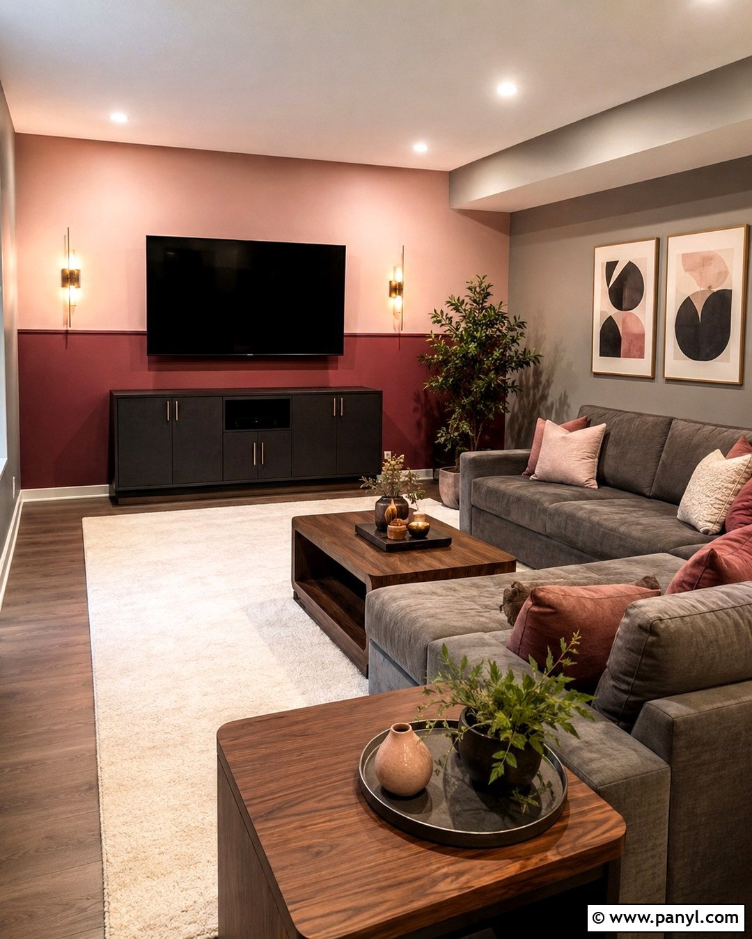 Two Tone Pink Accent Wall Media Room - 20 Grey Walls With Pink Accent Wall Ideas