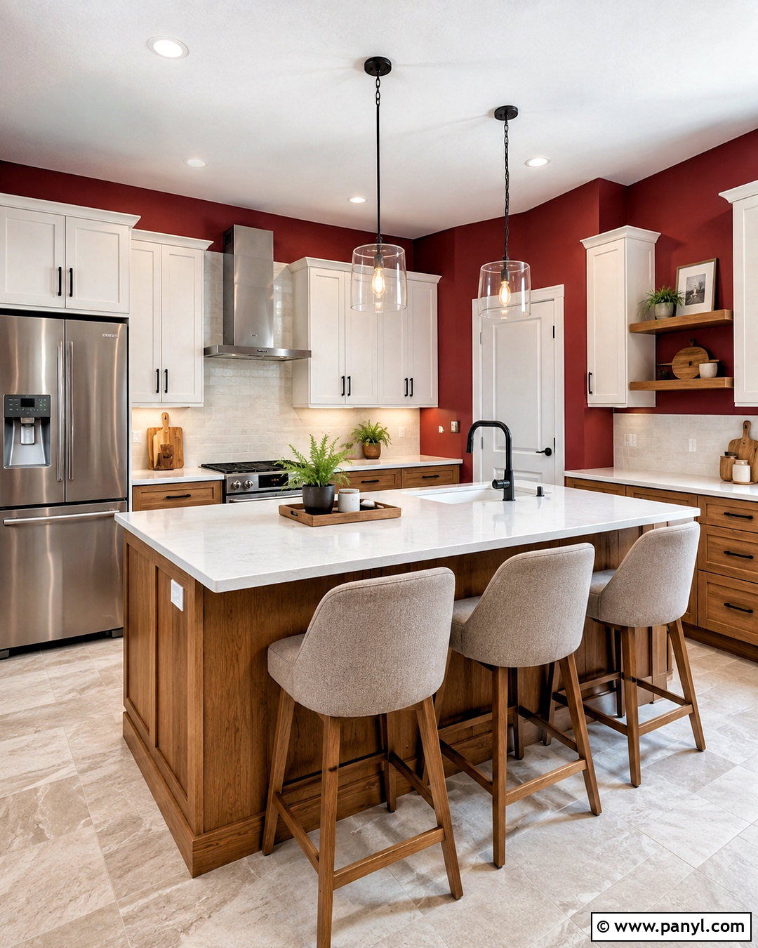 Two-Tone White And Wood Cabinets With Red Walls - 20 What Color Cabinets Go With Red Walls