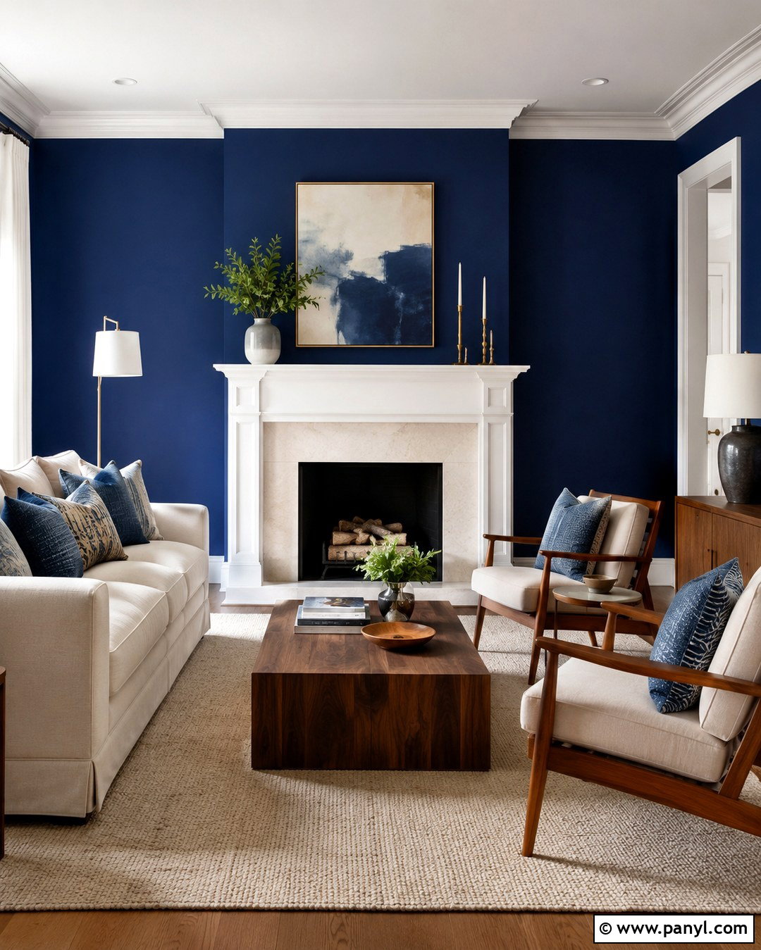 Ultramarine Blue Fireplace Wall With Cream Seating - 20 Ultramarine Blue Wall Paint Ideas
