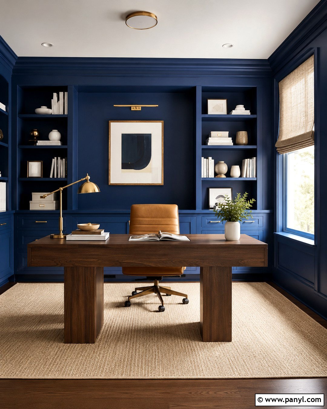 Ultramarine Blue Home Office With Built-In Shelves - 20 Ultramarine Blue Wall Paint Ideas