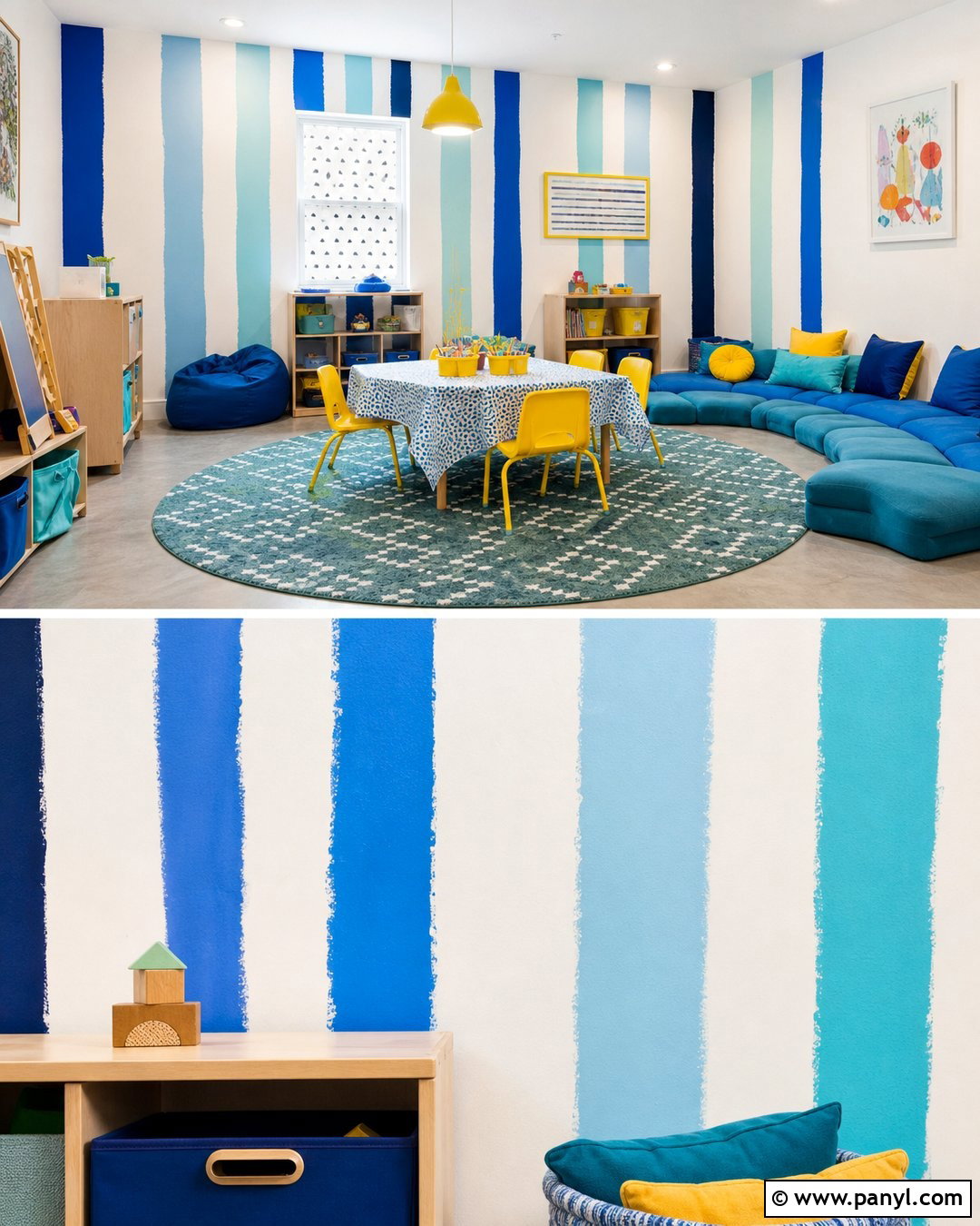 Uneven Blue Stripe Wall Playroom - 25 Blue Stripe Painted Wall Ideas