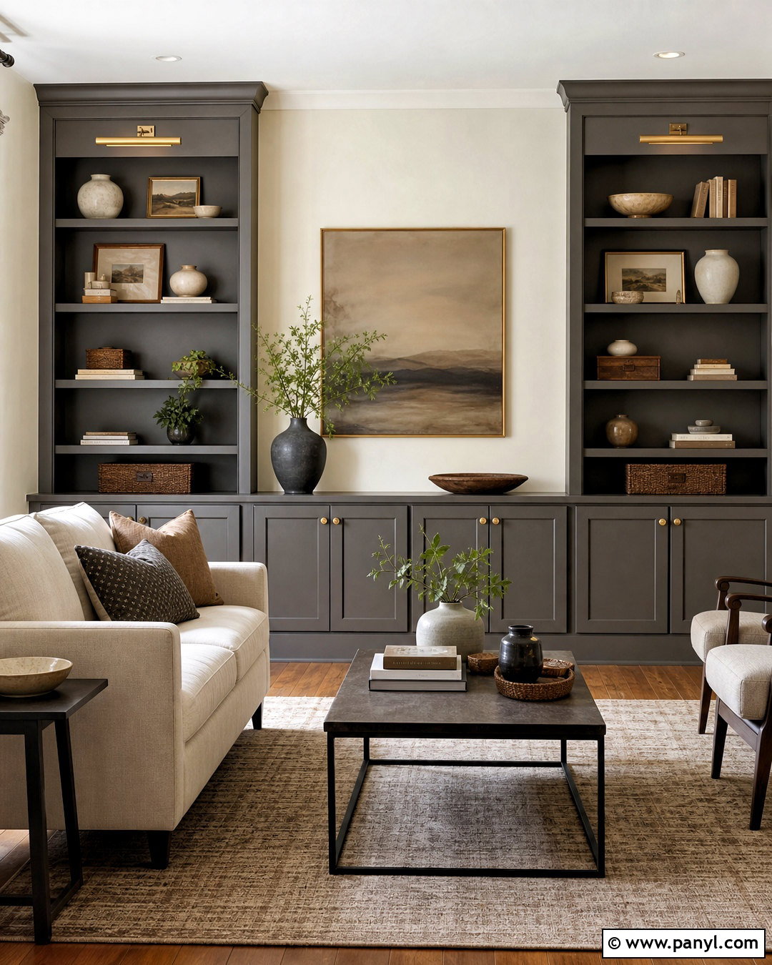Urbane Bronze Built-In Shelves - 20 urbane bronze living room ideas