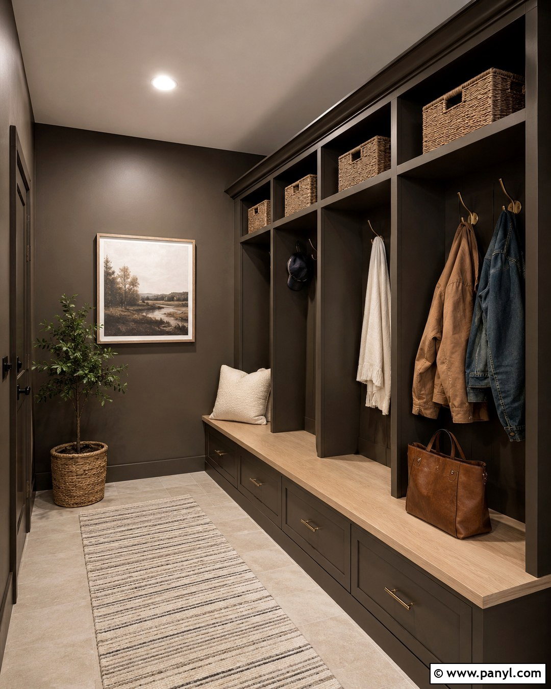 Urbane Bronze Mudroom With Built-In Storage - 20 Urban Bronze Wall Color Ideas