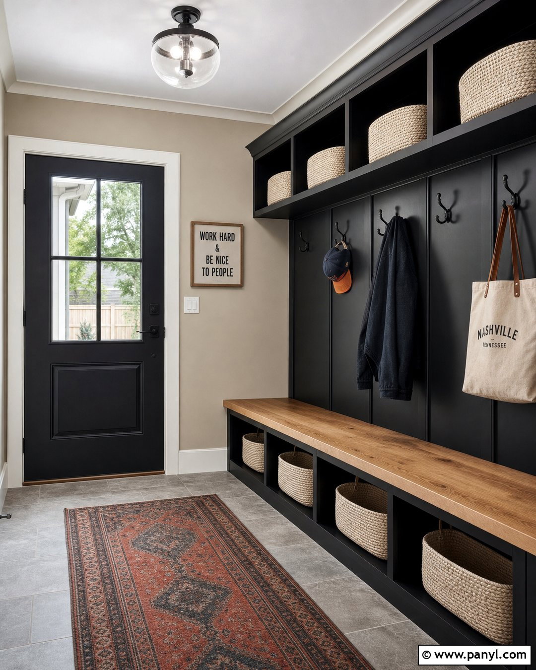 Utterly Beige Mudroom With Black Storage - 25 Utterly Beige Sherwin Williams Walls