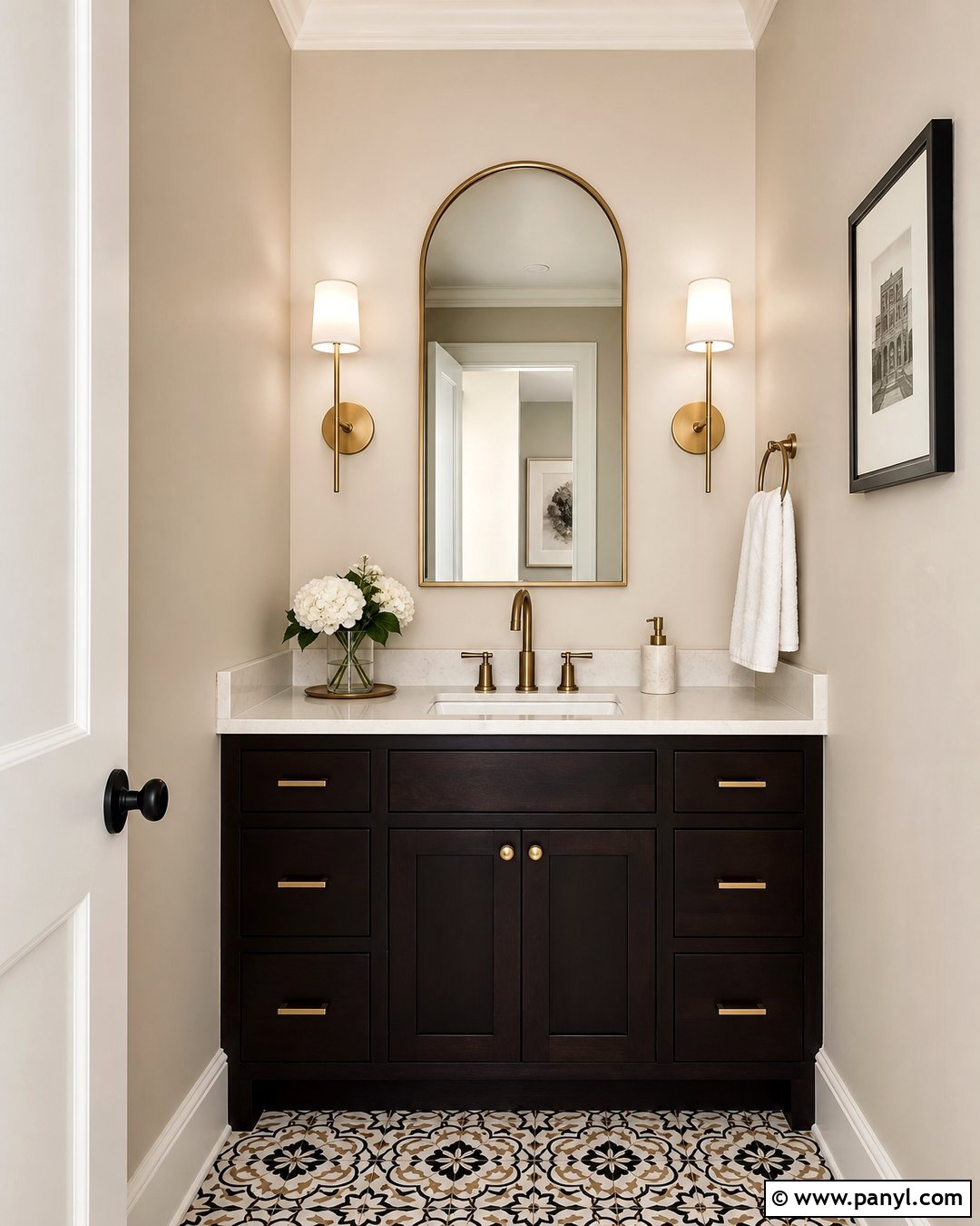 Utterly Beige Powder Room With Dark Vanity - 25 Utterly Beige Sherwin Williams Walls
