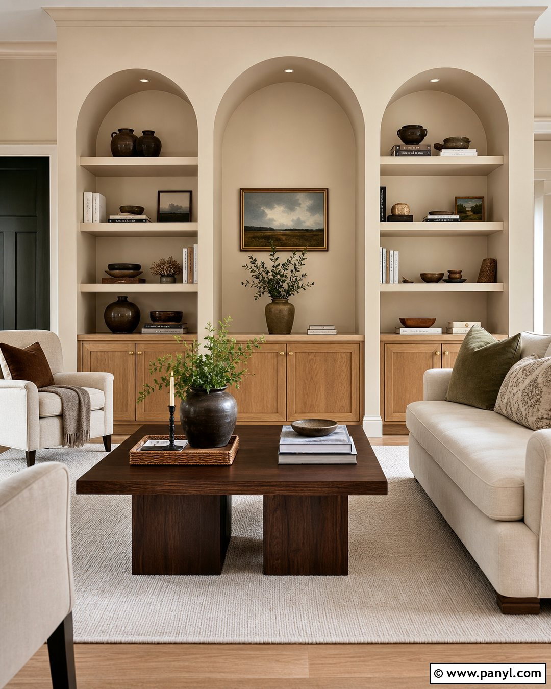 Vanilla Latte Walls With Arched Built-Ins - 50 Vanilla Latte Color Wall Ideas