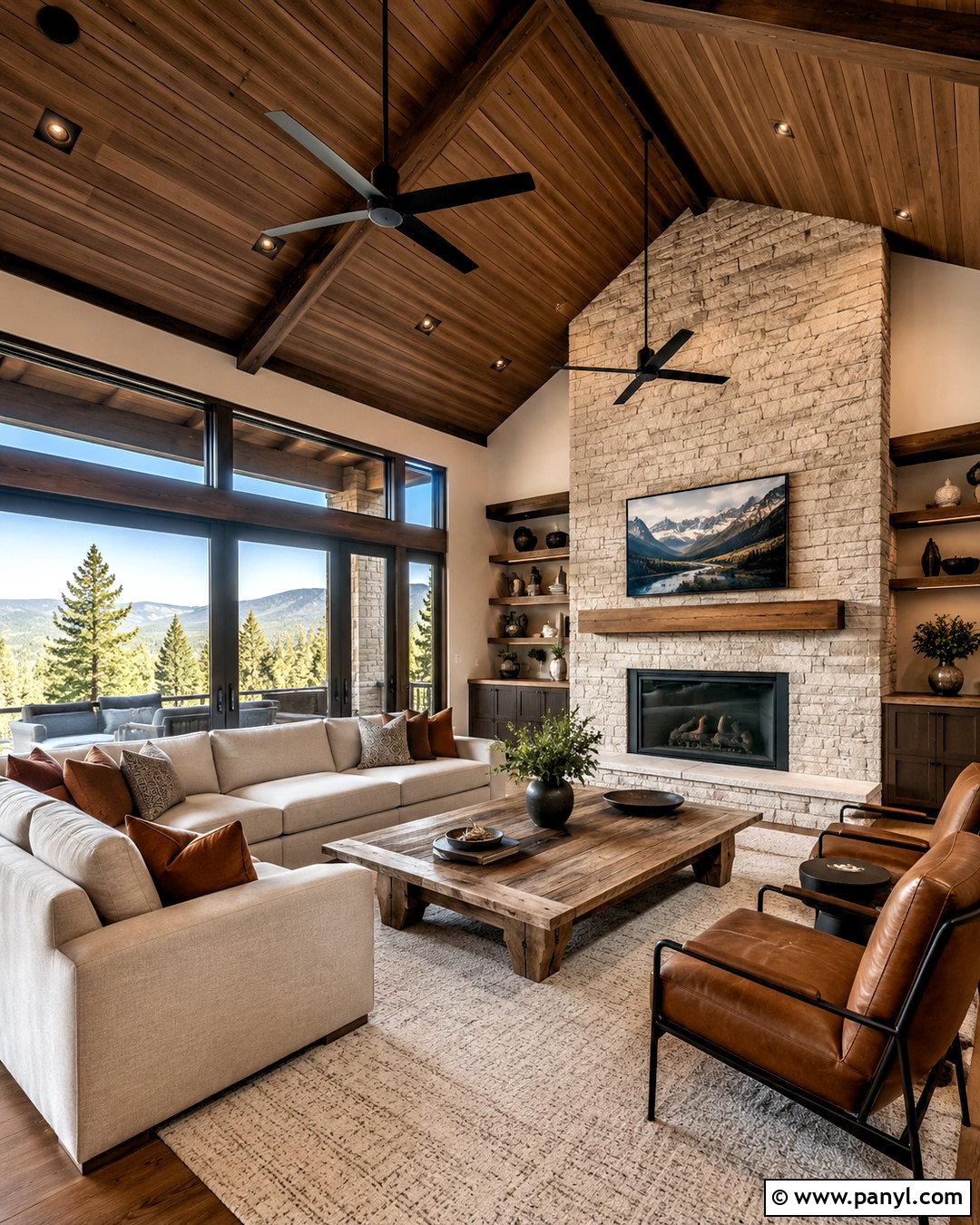Vaulted Brown Wood Ceiling With Stone Fireplace - 20 brown ceiling living room ideas