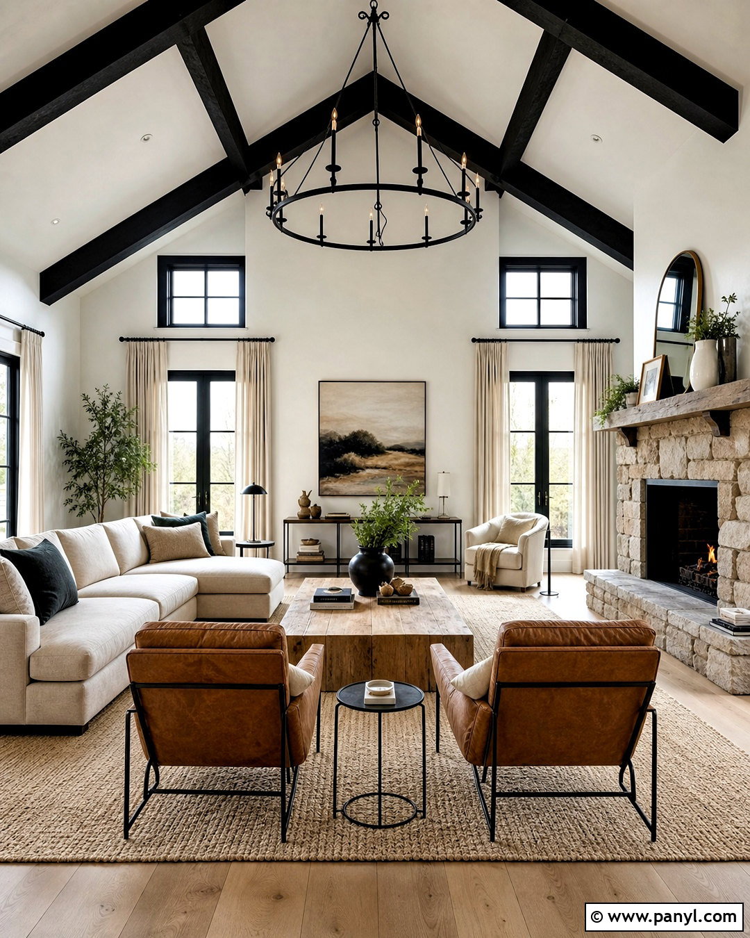 Vaulted Living Room With Black Trim And Beams - 20 white walls black trim living room ideas