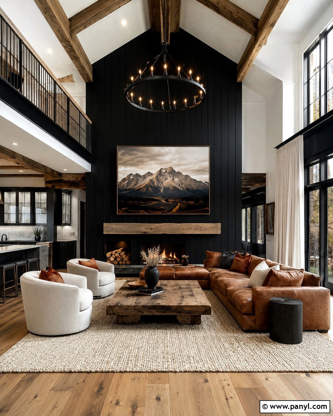 Vaulted Western Living Room With Black Wall - 20 Black Accent Wall Living Room Western Ideas