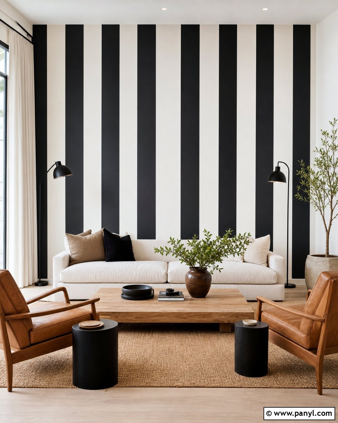 Vertical Black Striped Living Room - 25 Black Striped Wall Ideas