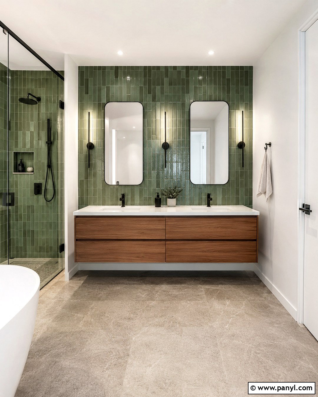 Vertical Green Subway Tile Vanity Wall - 20 Green Tile Accent Wall Ideas