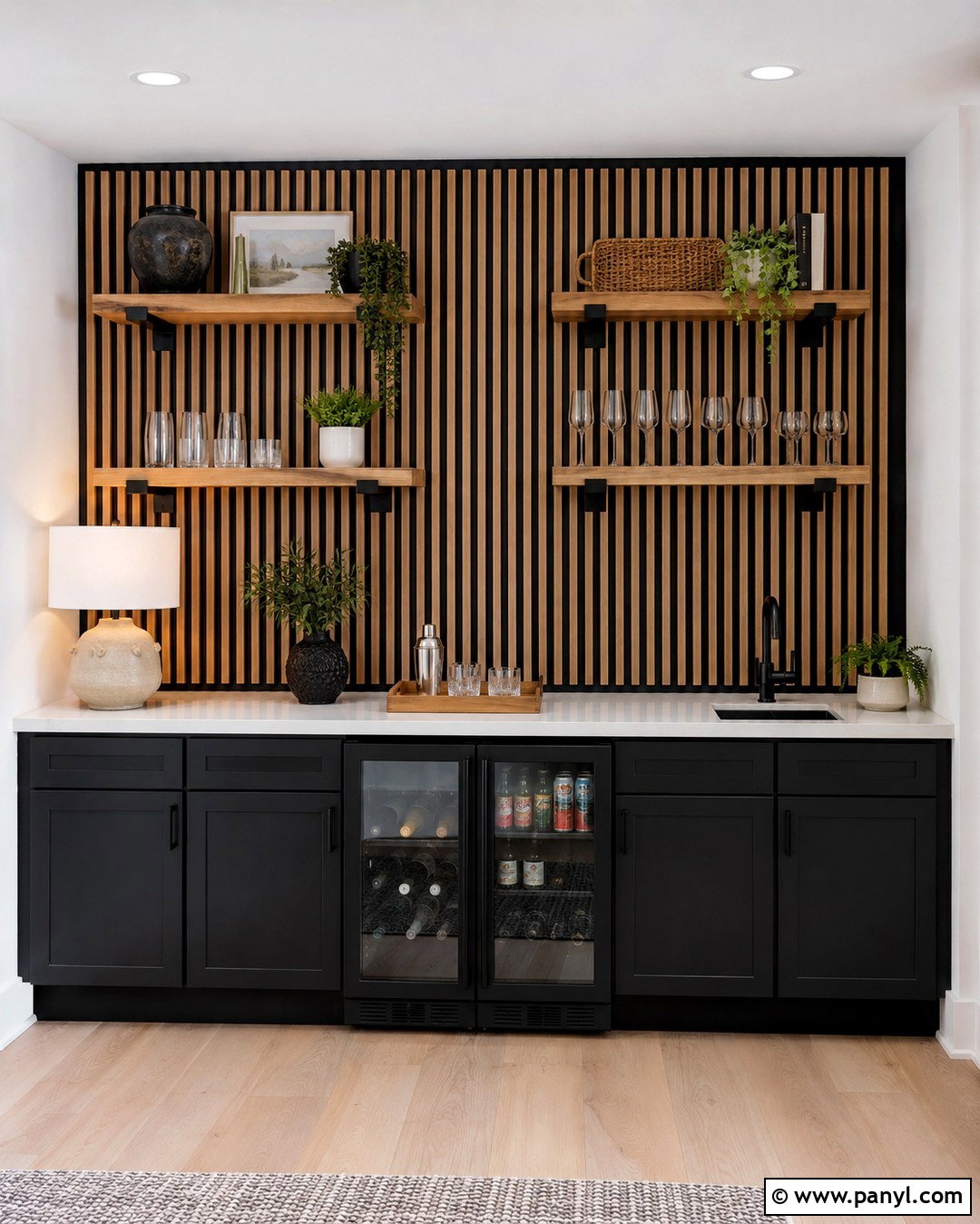 Vertical Wood Slat Home Bar Accent Wall - 20 Home Bar Accent Wall Ideas