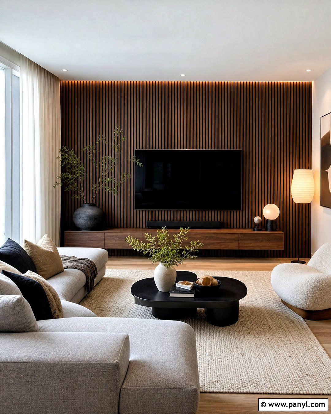 Vertical Wood Slat TV Accent Wall - 20 accent walls in living room with tv ideas