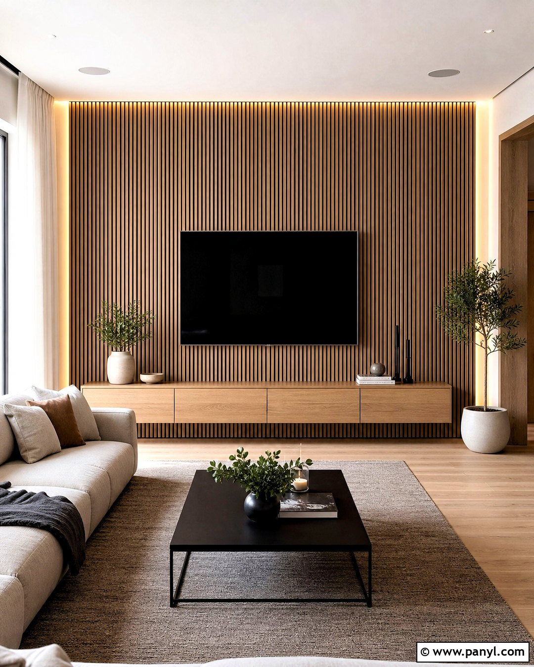 Vertical Wood Slat TV Wall - 20 high ceiling tv wall ideas