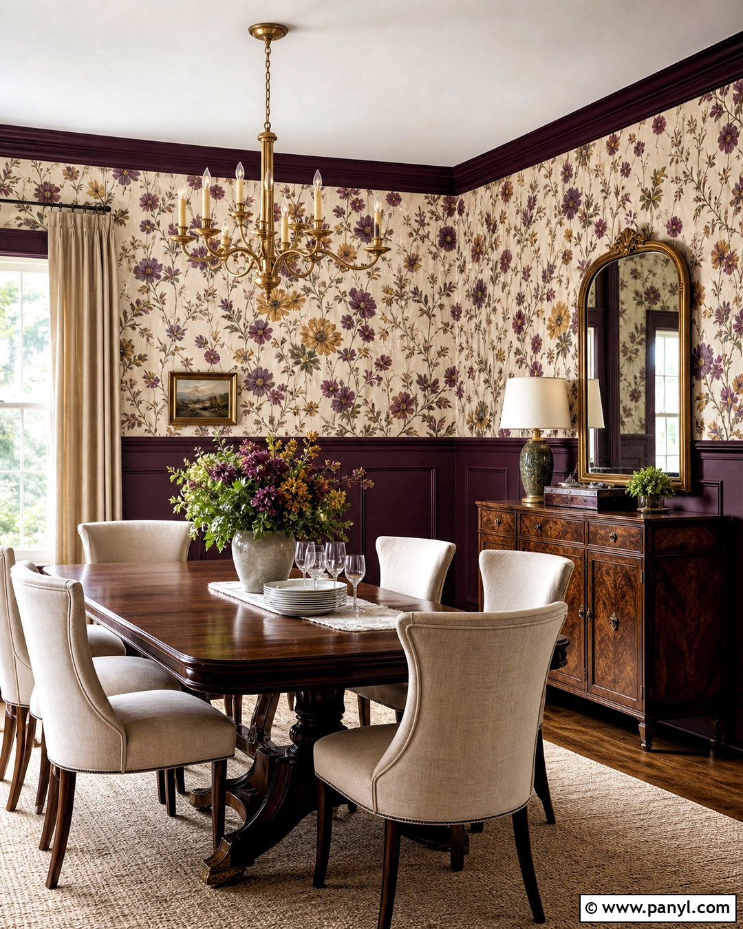 Vintage Botanical Wallpaper With Aubergine Paint - 20 half wallpaper half paint ideas