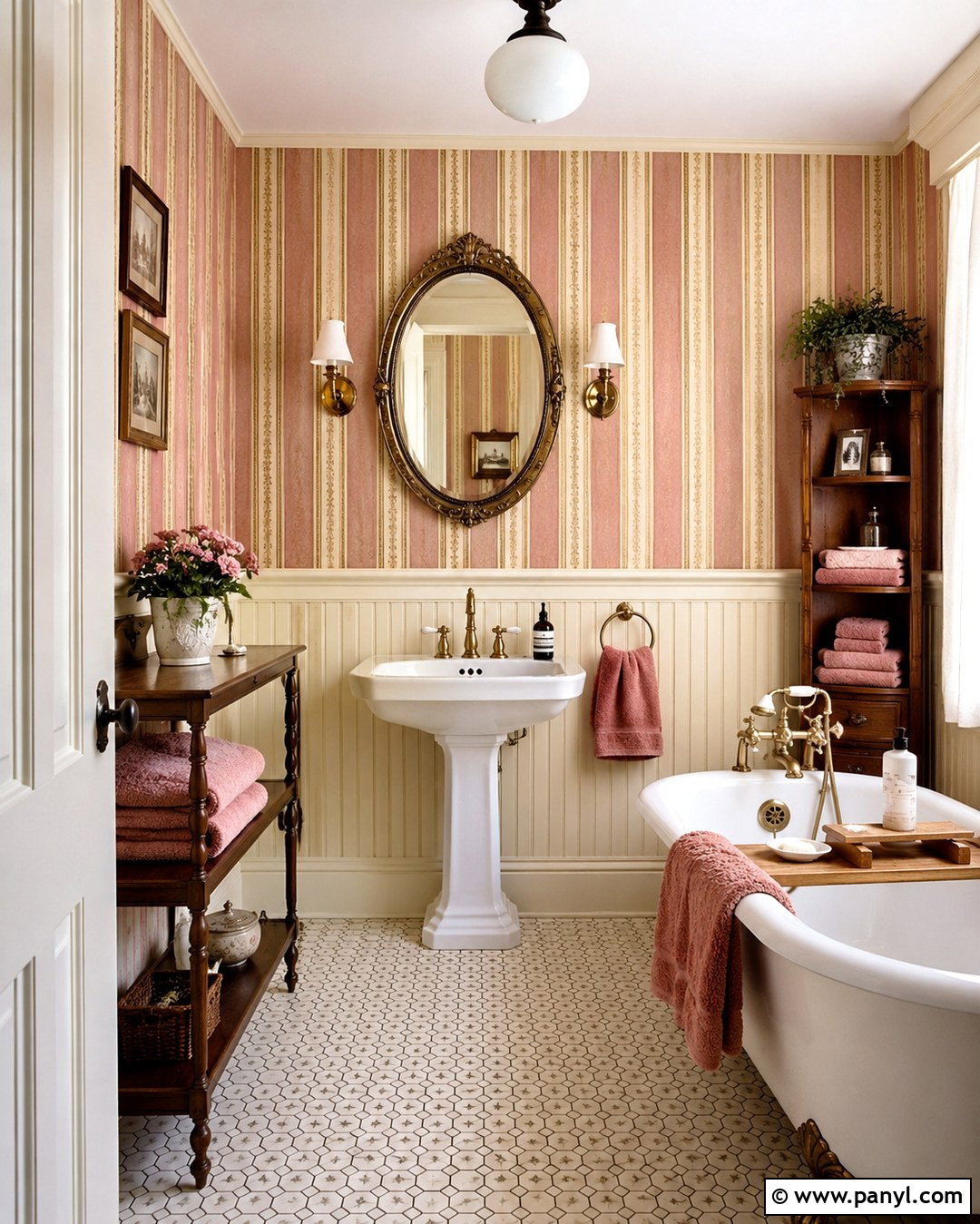 Vintage Pink And Gold Striped Bathroom Wall - 20 Pink And Gold Striped Wall Ideas